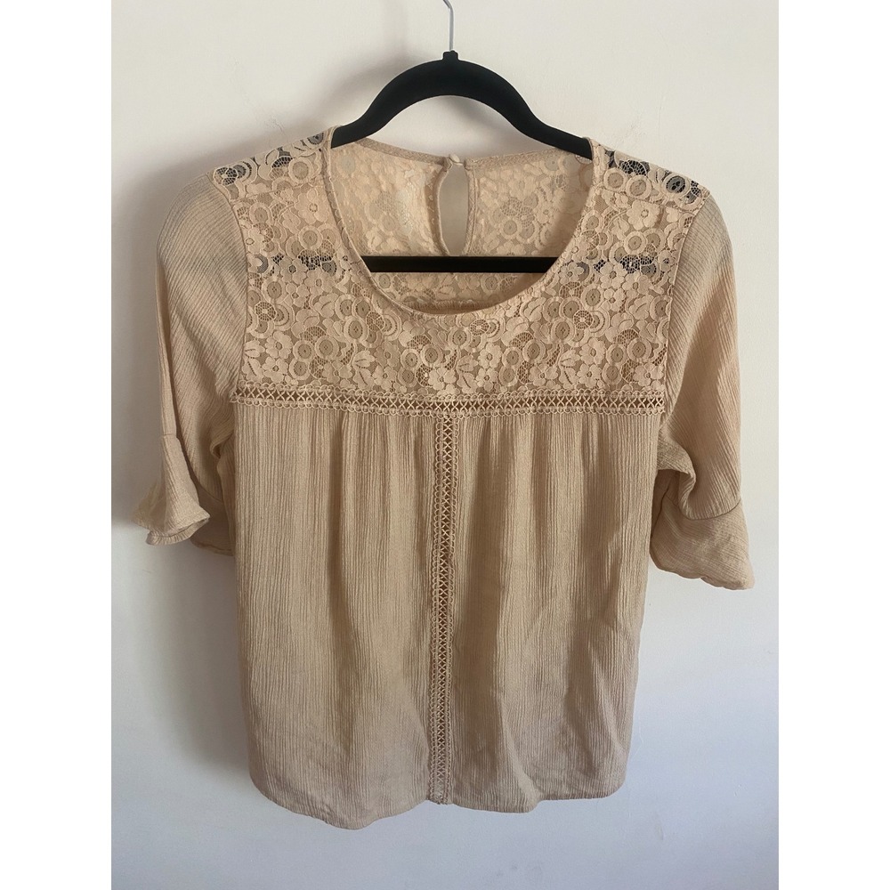 Boho Lace Yoke Crinkle Gauze Blouse Beige Bell Sleeve‎ Top TB3385